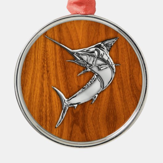 Chrome Marlin op Teak Wood Metalen Ornament (Voorkant)