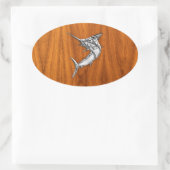 Chrome Marlin op Teak Wood Ovale Sticker (Tas)