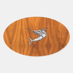 Chrome Marlin op Teak Wood Ovale Sticker