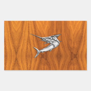 Chrome Marlin op Teak Wood Rechthoekige Sticker