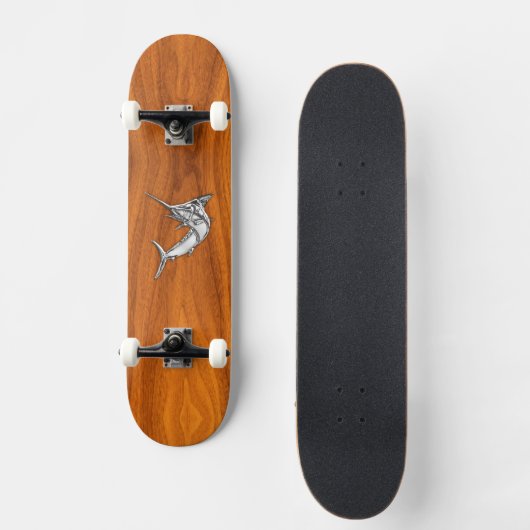 Chrome Marlin op Teak Wood Skateboard (Voorkant)