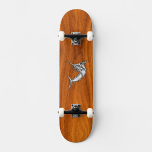 Chrome Marlin op Teak Wood Skateboard
