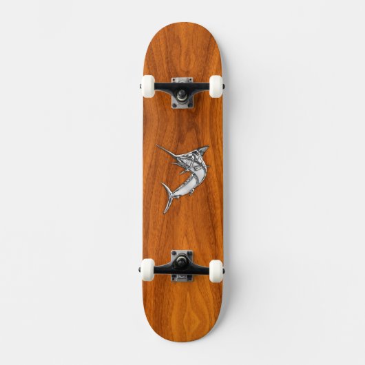 Chrome Marlin op Teak Wood Skateboard (Voorkant)
