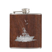 Chrome Marlin Vist Boat op Wet Mahogany Print Heupfles (Voorkant)