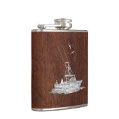 Chrome Marlin Vist Boat op Wet Mahogany Print Heupfles (Rechts)