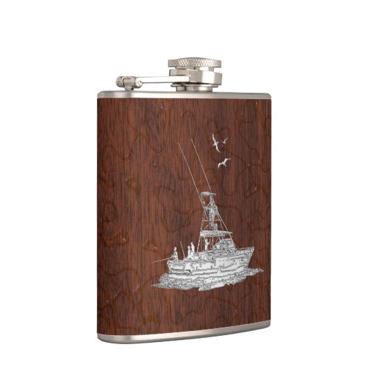 Chrome Marlin Vist Boat op Wet Mahogany Print Heupfles (Rechts)