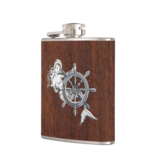 Chrome Mermaid on Natte Mahogany Print Heupfles (Links)