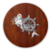 Chrome Mermaid on Nautical Mahogany Grain Print Keramische Knop (Voorkant)