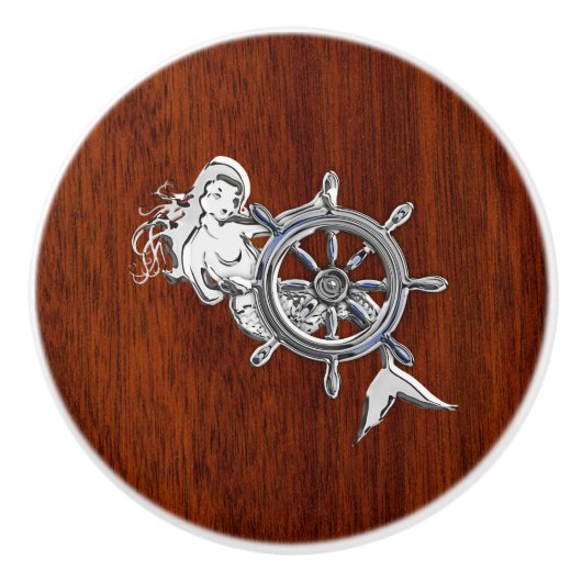 Chrome Mermaid on Nautical Mahogany Grain Print Keramische Knop (Voorkant)