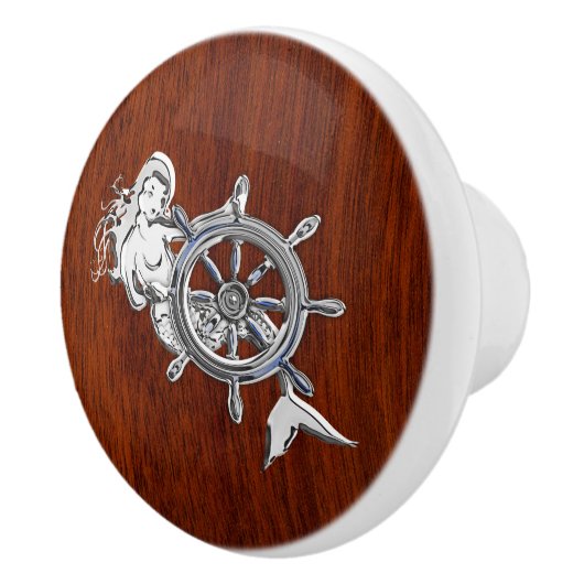 Chrome Mermaid on Nautical Mahogany Grain Print Keramische Knop (Rechts)