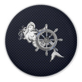 Chrome Mermaid on Nautical Navy Carbon Print Keramische Knop (Voorkant)
