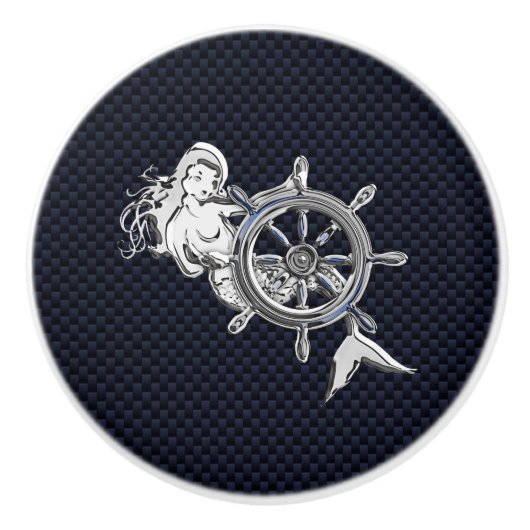 Chrome Mermaid on Nautical Navy Carbon Print Keramische Knop (Voorkant)