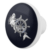 Chrome Mermaid on Nautical Navy Carbon Print Keramische Knop (Rechts)