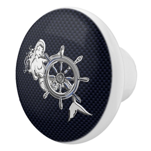 Chrome Mermaid on Nautical Navy Carbon Print Keramische Knop (Rechts)