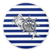 Chrome Mermaid on Nautical Navy Stripes Print Keramische Knop (Voorkant)