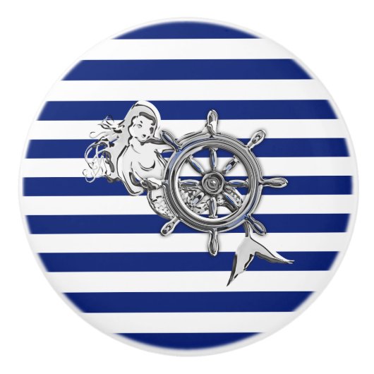 Chrome Mermaid on Nautical Navy Stripes Print Keramische Knop (Voorkant)