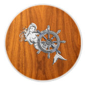 Chrome Mermaid on Nautical Teak Wood Grain Print Keramische Knop (Voorkant)