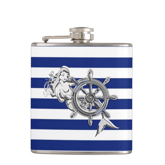 Chrome Mermaid on Navy Stripes Heupfles (Voorkant)