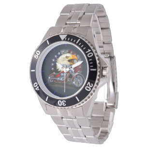 Chrome Motorcycle Chopper Patriotic Eagle USA Flag Horloge