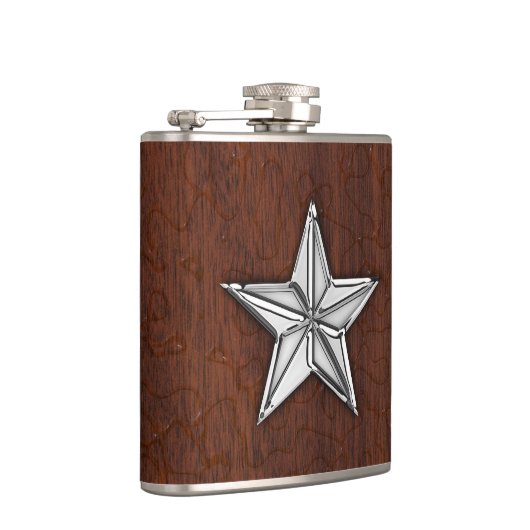 Chrome Nautical Star op natte mahogany Print Heupfles (Rechts)