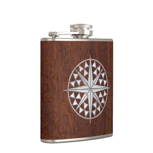 Chrome Nautical Star op natte mahogany Print Heupfles (Rechts)