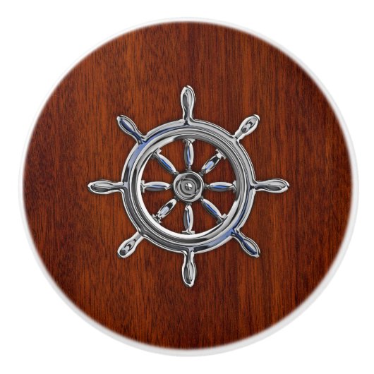 Chrome Nautical Wheel Mahogany Grain Print Keramische Knop (Voorkant)