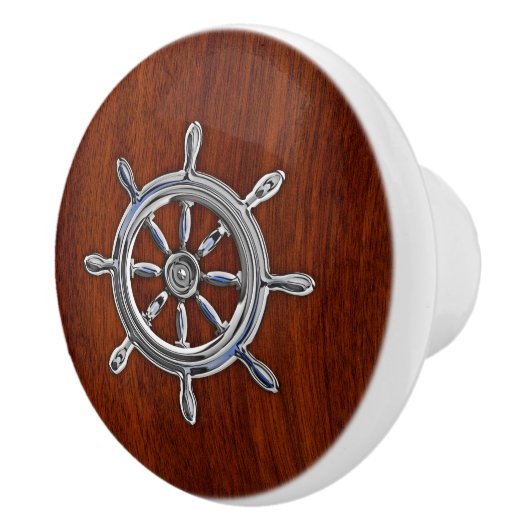 Chrome Nautical Wheel Mahogany Grain Print Keramische Knop (Rechts)
