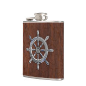 Chrome Nautical Wheel op natte mahogany Print Heupfles (Links)