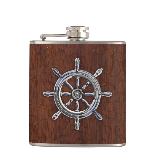 Chrome Nautical Wheel op natte mahogany Print Heupfles (Voorkant)