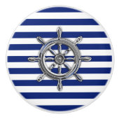 Chrome Nautical Wheel op Navy Blue Stripes Print Keramische Knop (Voorkant)