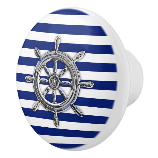 Chrome Nautical Wheel op Navy Blue Stripes Print Keramische Knop (Rechts)