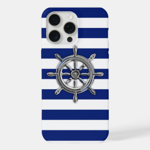 Chrome Nautical Wheel op Navy Stripes iPhone 15 Pro Max Case