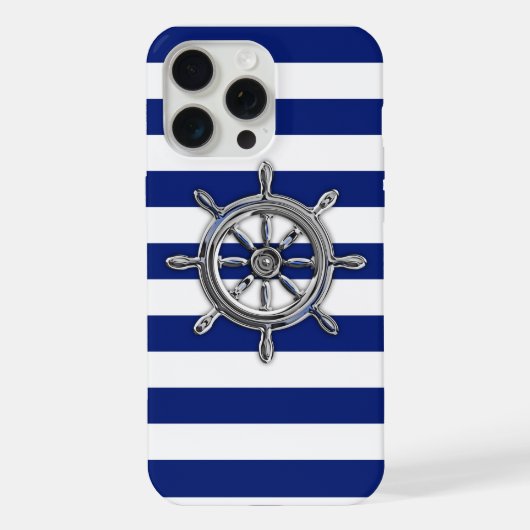 Chrome Nautical Wheel op Navy Stripes iPhone Hoesje (Achterkant)