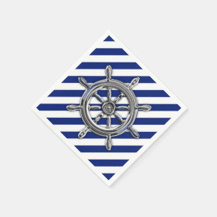 Chrome Nautical Wheel op Navy Stripes Print Servetten