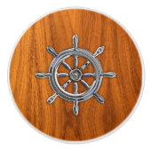 Chrome Nautical Wheel op Teak Wood Grain Print Keramische Knop (Voorkant)