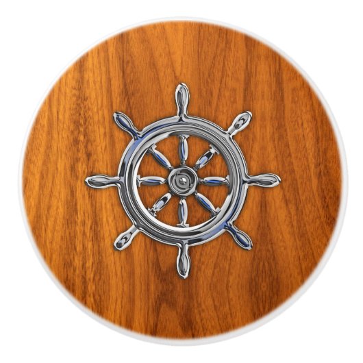 Chrome Nautical Wheel op Teak Wood Grain Print Keramische Knop (Voorkant)