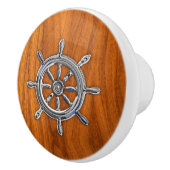 Chrome Nautical Wheel op Teak Wood Grain Print Keramische Knop (Rechts)