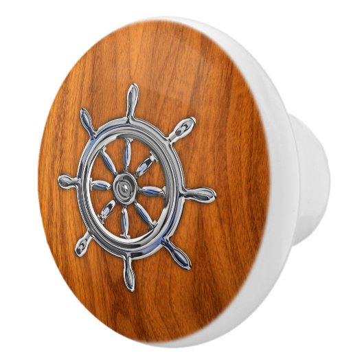 Chrome Nautical Wheel op Teak Wood Grain Print Keramische Knop (Rechts)