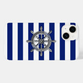 Chrome Nautical Wheel Print op Navy Stripes Case-Mate iPhone Case (Achterkant (horizontaal))