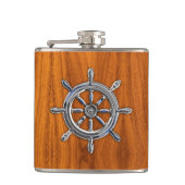 Chrome nautische wiel op teakprint heupfles (Voorkant)