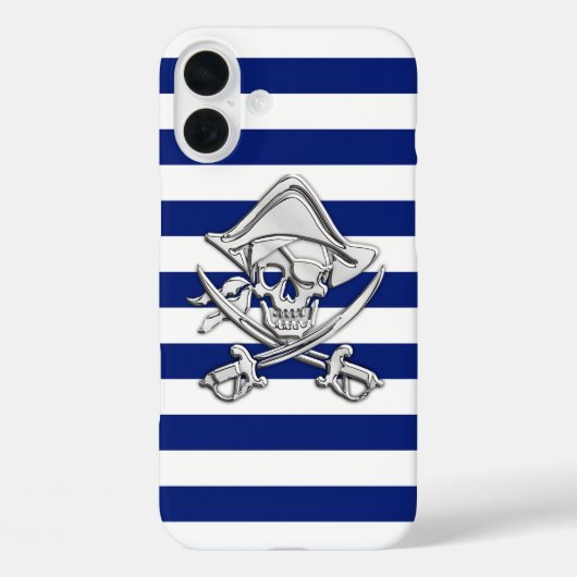 Chrome Pirate Crossbones op Navy Stripes Case-Mate iPhone Case (Achterkant)
