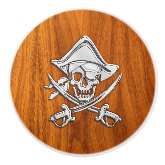 Chrome Pirate on Nautical Teak Wood Grain Print Keramische Knop (Voorkant)