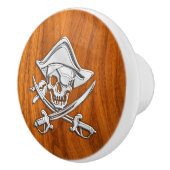 Chrome Pirate on Nautical Teak Wood Grain Print Keramische Knop (Rechts)