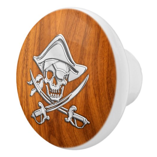 Chrome Pirate on Nautical Teak Wood Grain Print Keramische Knop (Rechts)