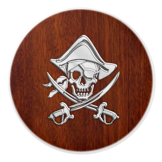 Chrome Pirate over autical Mahogany Grain print Keramische Knop (Voorkant)