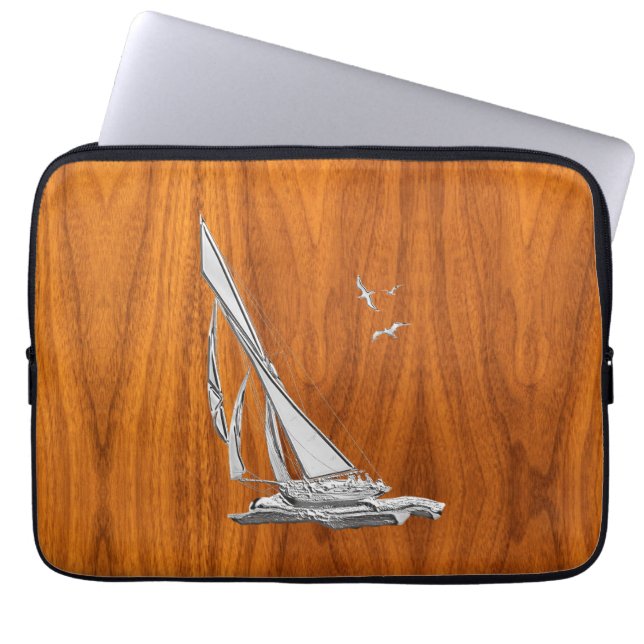 Chrome Regatta Sailboat on Teak Veneer Styles Laptop Sleeve (Voorkant)