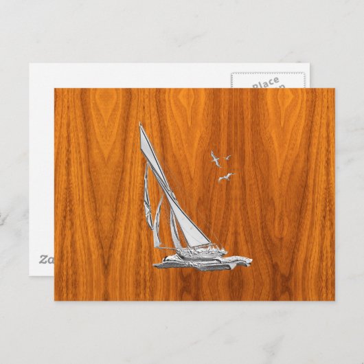 Chrome Regatta Sailboot op Teak Veneer Styles Briefkaart (Voorkant / Achterkant)