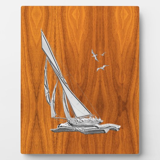 Chrome Regatta Sailboot op Teak Veneer Styles Fotoplaat (Voorkant)