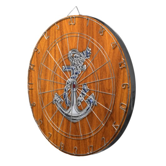 Chrome Rope Anchor op Teak Veneer Dartbord (Voorkant Rechts)