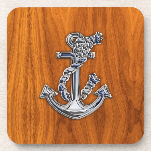Chrome Rope Anchor op Teak Veneer Drankjes Onderzetter (Voorkant)